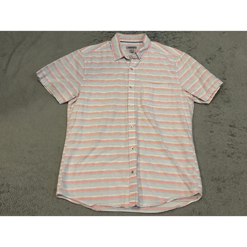 DKNY Mens Medium Short Sleeve Button Down Shirt Striped Cotton Red White Blue